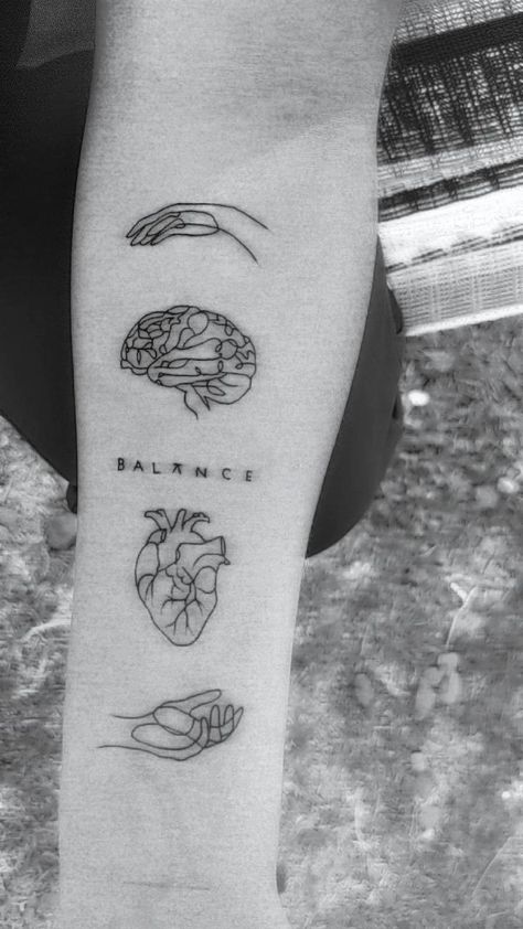 Top Of Four Arm Tattoo, Tattoos Representing Balance, Heart And Mind Balance Tattoo, Balance Between Heart And Mind Tattoo, Tattoos About Balance, Balance Tatoos, Balance Heart And Brain Tattoo, Heart And Mind Tattoo, Balance Tattoos