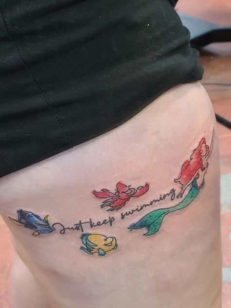 Dory, flounder, Sebastian, Ariel Nemo Tattoo Ideas, Flounder Tattoo, Sebastian Tattoo, Dory Tattoo, Ariel Tattoo, Underwater Tattoo, Leg Tattoo, Mermaid Inspired, Disney Tattoos