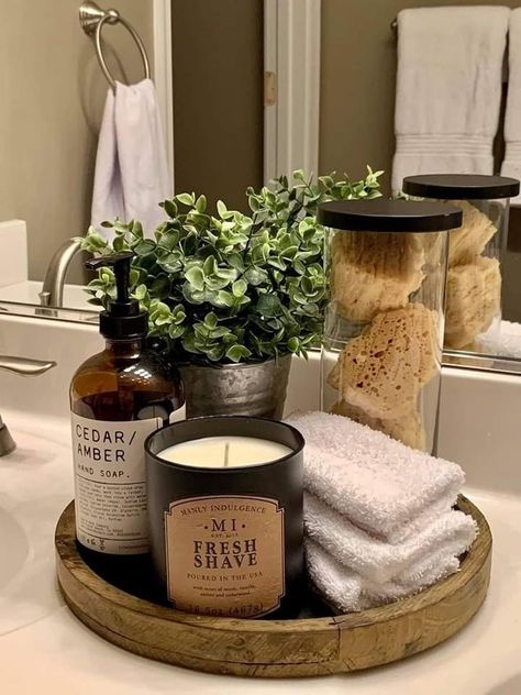 Guest Bath Countertop Decor, Top Of Bathroom Sink Organization, Bathtub Decor Ideas Around The, Bathroom Guest Decor, Double Vanity Bathroom Ideas Decor, Spa Like Guest Bathroom, Bath Tray Decor, Bathroom Tub Decor Ideas, Bathtub Ideas Decoration