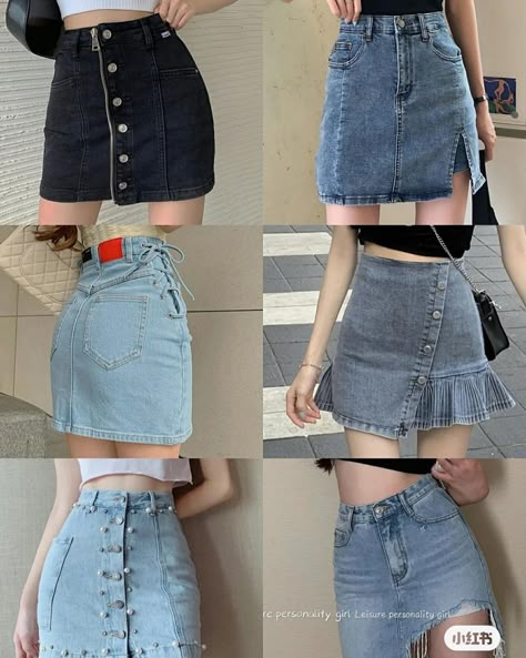 Diy Denim Skirt, Ropa Upcycling, Clothing Pattern Design, Fashion Design Patterns, Fashion Sketches Dresses, Cute Dress Outfits, Trendy Dress Outfits, Kawaii Dress, Jeans Skirt