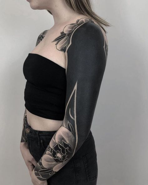 Blackout Half Sleeve Tattoo, Blacked Out Tattoo Cover Up, Black Work Sleeve, Blackout Sleeve Tattoo, Blackout Sleeve, Black Out Tattoo, Black Work Tattoo, Black Sleeve Tattoo, All Black Tattoos