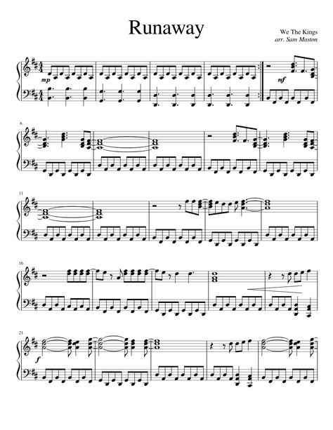 Runaway Piano Notes, Runaway Piano, We The Kings, Piano Notes, Note Sheet, Playing Piano, The Kings, Piano Sheet, Music Theory