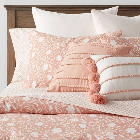 Boho Room Target, Cute Bed Sets Target, Pink Gold And White Bedding, College Dorm Bedding Boho, Wall Colors With Pink Comforter, Bed Comforter Sets Target, White Bedding With Accent Pillows Boho Retro Vintage, Pink Cream Tan Bedroom, Boho Tassel Bedding