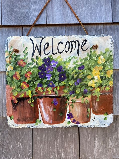 Spring / Summer Slates - LindaSpangArt Welcome Signs For Front Door, Signs For Front Door, Spring Welcome Sign, Welcome Sign Front Door, Slate Garden, Spring Porch Decor, Welcome Signs Front Door, Painted Slate, Slate Signs