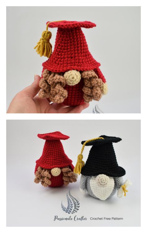 Graduation Crochet Pattern Free, Gnome Hat Crochet, Graduation Gnome, Crochet Gnomes Pattern Free, Crochet Gnomes, Crochet Gnome, Gnome Crochet, Gnome Tutorial, Gnome Hat