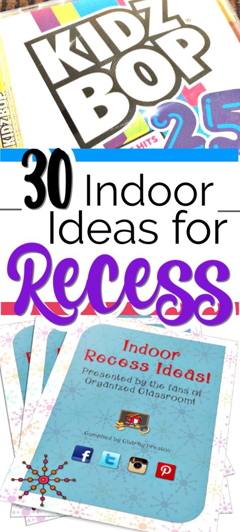 Thanks so much to all the Organized Classroom’s Facebook fans for sharing 30 ideas for what they do during indoor recess! Stop by and grab your freebie! #classroomrecess #indoorrecess Indoor Recess Ideas Kindergarten, Indoor Recess Kindergarten, Indoor Classroom Activities, Indoor Recess Ideas, Recess Activities, Organized Classroom, Pe Ideas, Indoor Recess, Kindergarten Teaching