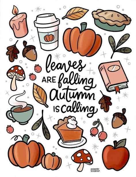 Darby Scebold illustration Fall Inspo Drawing, October Cute Drawings, Cute Things To Draw For Halloween, November Aesthetic Drawings, Drawing Autumn Leaves, October Aesthetic Drawing, September Aesthetic Drawing, Fall Doodles Aesthetic, September Drawing Ideas