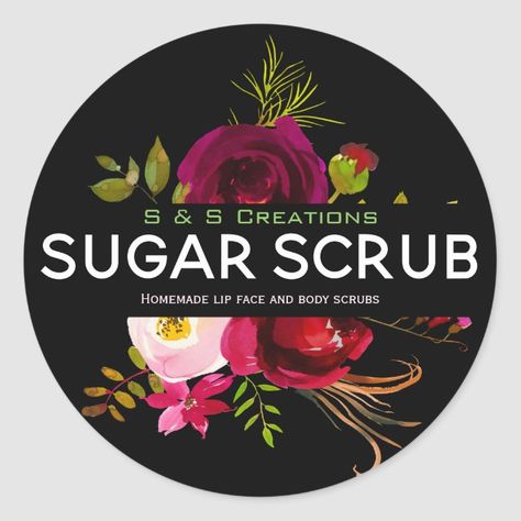 Sugar Scrub Classic Round Sticker | Zazzle.com Sandlewood Essential Oil, Skin Care Stickers, Sugar Scrub Labels, Body Butter Labels, Cosmetic Company, Sugar Scrub Homemade, Floral Bath, Watercolor Bouquet, Beauty Companies