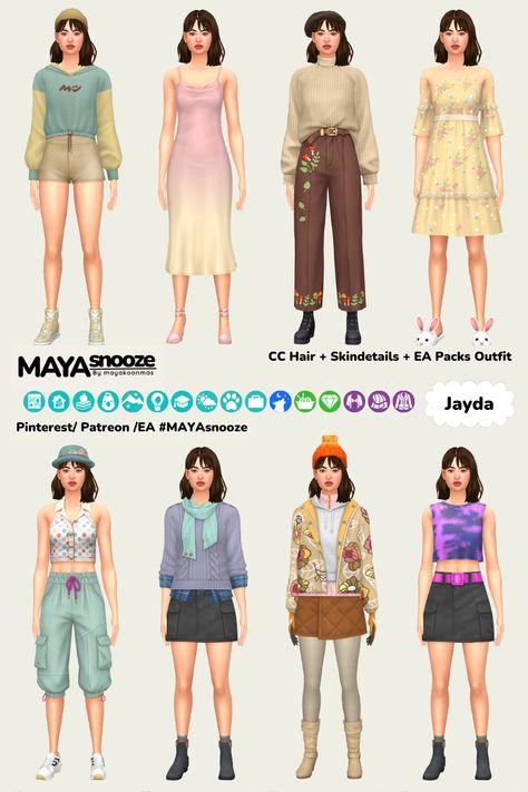 **FREE / CC Download link on Patreon #MAYAsnooze Sims4 Outfits, Sims Skins, Sims4 Lookbook, Ts4 Lookbook, Sims 4 No Cc, Sims Fashion, Sims Lookbook, Sims Outfits, Sims 4 House Building