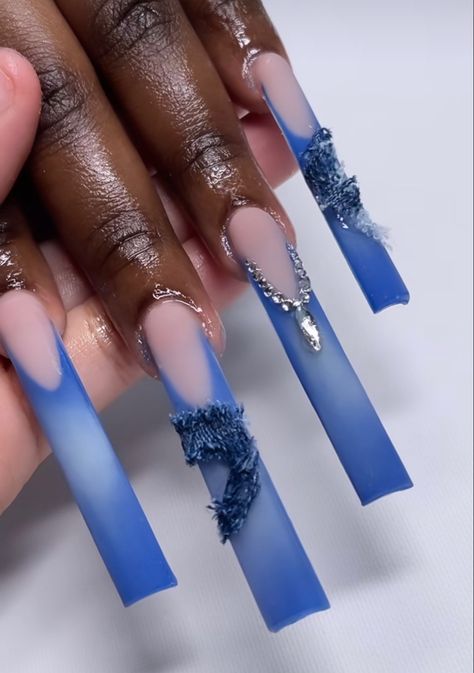 Blue Jean Nails, Denim Nails Acrylic, Blue Long Acrylic, Blue French Tip Nails Long Square, Blue Long French Tip Nails, Denim Nails, Xl Long Acrylic Nails Blue, Blue Nails Dramatic, Blue Acrylic Nails