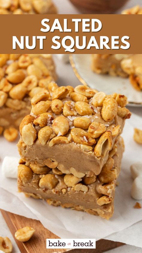 Five ingredients are all you need to make Salted Nut Squares. These marshmallow peanut butter bars are a great no-bake, sweet and salty treat! No Bake Cookie Butter Bars, Marshmallow And Peanut Butter Recipes, Marshmallow Squares Peanut Butter, Peanut Bars Recipe, Bars With Marshmallows, Salted Nut Bars, Marshmallow Peanut Butter, Desserts Bars, Peanut Bars