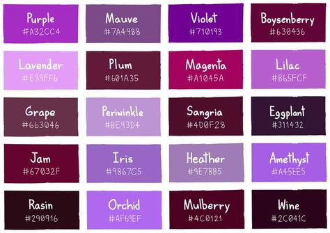 Purple color chart Purple Color Chart, Purple Color Names, Purple Interior Design, Purple Hex, Purple Color Code, Purple Colour Shades, Purple Names, Purple Pages, Intermediate Colors