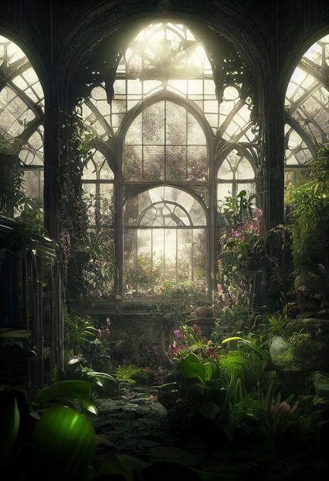 Fantasy Greenhouse Art, Garden Fantasy Aesthetic, Green House Concept Art, Fantasy Garden Background, Overgrown Manor, Jasminecore Aesthetic, Secret Garden Aesthetic Dark, Fantasy Royalty, Pretty Windows