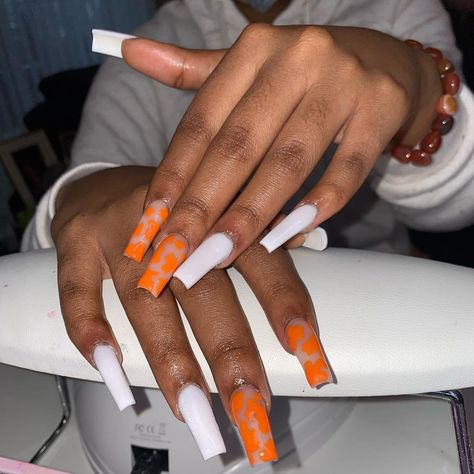 Orange And Cow Print Nails, Orange And White Nails Ideas, White Orange Nails, Orange Cow Print Nails, Orange White Nails, White And Orange Nails, Orange And White Nails, Cow Print Nails, Orange Nail Designs