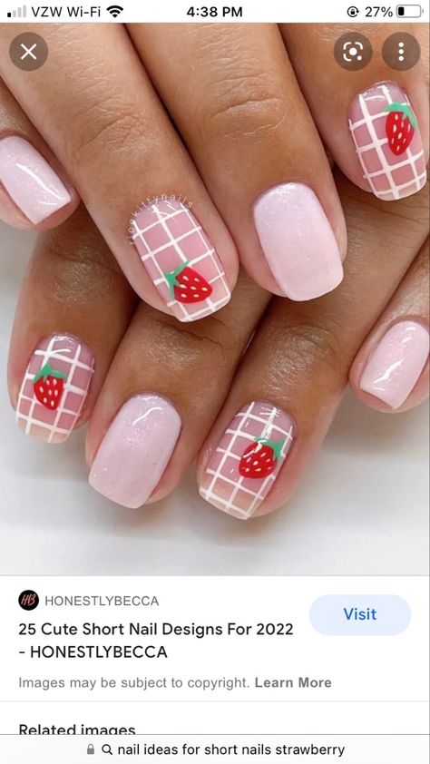 Strawberry Manicure Nails, Strawberry Accent Nail, Strawberry Nail Ideas, Wimbledon Nails, Short Strawberry Nails, Strawberry Nails Short, Nail Art Cow, Strawberry Nails Acrylic, Strawberry Nails Designs