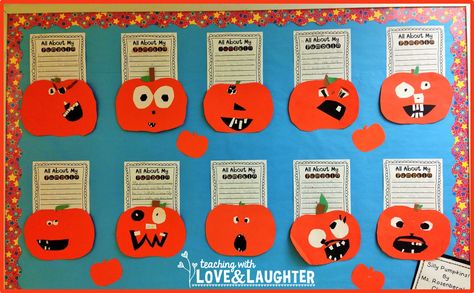 For the second year in a row, my students LOVED making these silly pumpkins. I got the idea last... Writing Bulletin Board Ideas, Pumpkin Writing, Writing Bulletin Boards, October School, Halloween Bulletin Boards, Fall Writing, Teaching Holidays, Halloween Writing, Fall Bulletin Boards