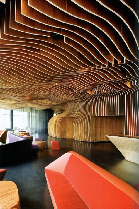 The WOHA in Theatre Woha Architects, Parametric Design, Hotel Project, Wood Ceilings, Cool House Designs, Commercial Design, Commercial Interiors, Office Building, Retail Design