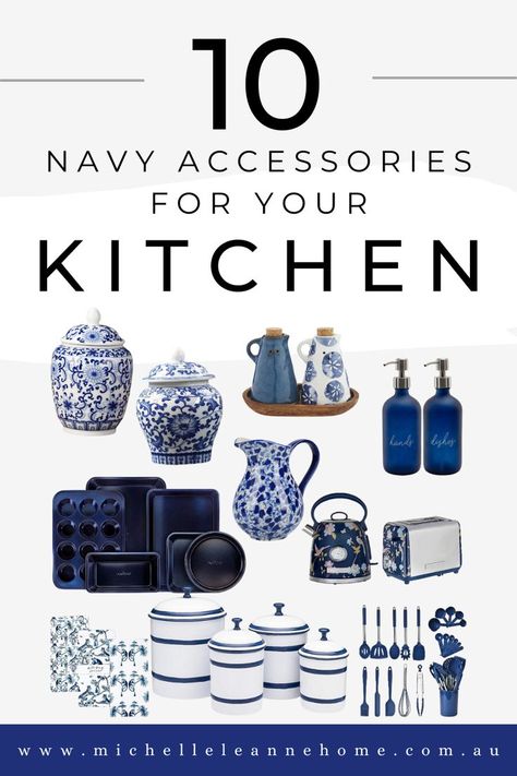 Hampton Style Kitchen Decor, Dark Blue Kitchen Decor, Blue Kitchen Accessories Ideas, Blue And White Kitchen Accessories, Navy Kitchen Aesthetic, Navy And White Kitchen Decor, White Kitchen With Navy Accents, Blue Accent Kitchen Decor, Navy Blue Kitchen Accents