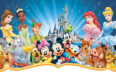 Disney Cartoons List, Disney Characters All Together, Disney All Characters, Disneyworld Characters Pictures, Disney Princess Group Picture, Disney Princess Group Photo, Disney Castle With Characters, Disneyland Characters Pictures, Disney Monopoly