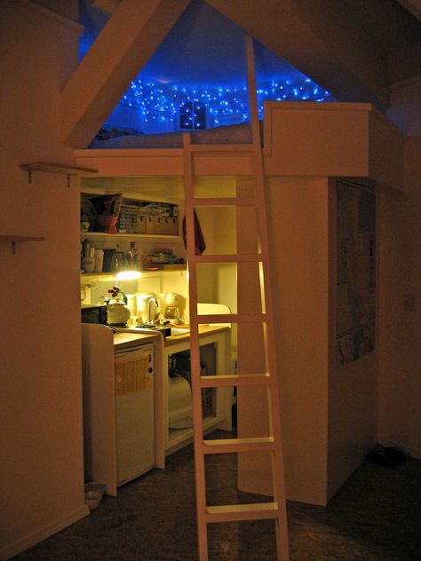 the only thing I love more than the lights, the ladder and the creative use of space... is that this person is a CAT OWNER!! (note the literbox under the sink!?!) Små Rum Lidt Plads, Design Ložnic, Casa Hobbit, Bilik Idaman, Hus Inspiration, Tiny Kitchen, Cozy Nook, House Room, Awesome Bedrooms