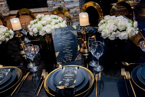 Navy Blue And Black Table Setting, Navy And Gold Dinner Party, Black Tablescape Dinner Parties, Black Gold Silver Table Decor, Black Gold Blue Wedding, Gala Dinner Decoration, Dark Navy Blue Wedding, 50th Birthday Themes, Wedding Theme Color Schemes