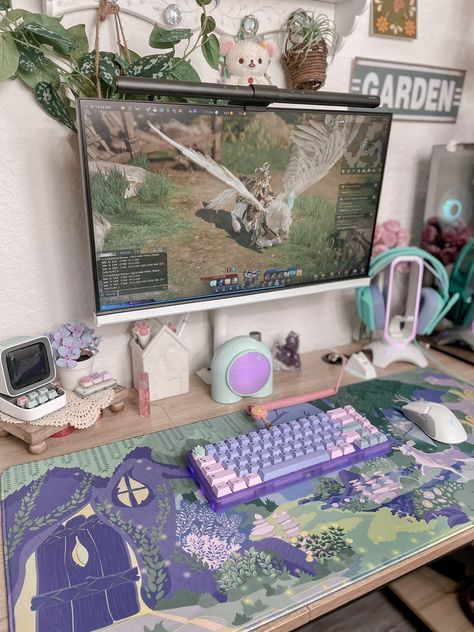 Gaming Desk Setup, Cozy Desk, Gamer Room Decor, Video Game Room Design, Bedroom Games, Desk Inspiration, Bedroom Setup, Computer Room, Cute Desk