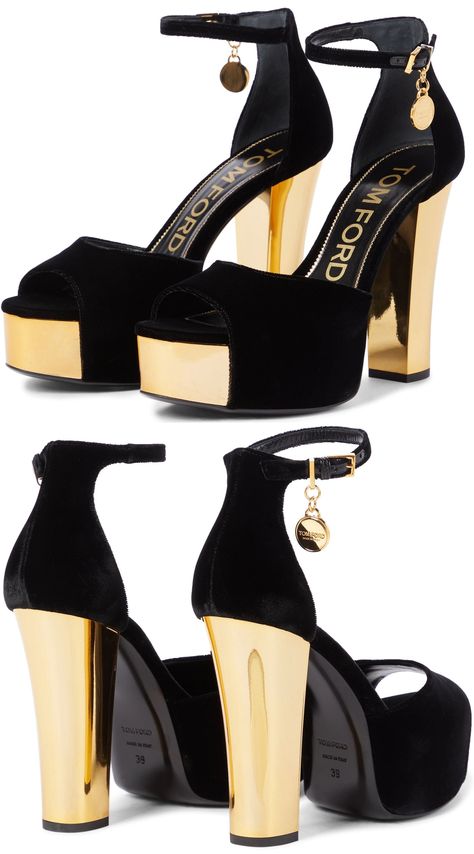 Complete evening looks on a statement-making note with these open-toed sandals from Tom Ford. Made in Italy, they feature golden accents – on the heels and platform soles – amidst panels of black velvet. The slender ankle straps are embellished with logo-engraved pendants as a decadent finishing touch. Black And Gold Heels Prom, Gold And Black Shoes, Wedding Heels Black, Gold Prom Shoes, Gold Heels Prom, Black And Gold Heels, Golden Heels, Black And Gold Shoes, Gold Wedge Heels