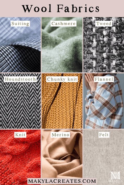 Types of Fabrics and Materials with Names and Pictures - Makyla Creates Different Fabrics Types, Different Types Of Cloth Materials, Sewing With Woven Fabric, Basic Sewing For Beginners, Types Of Clothing Material, Types Of Dress Fabric, Quality Fabric Clothes, Cloth Types Names, Fabric Texture Names