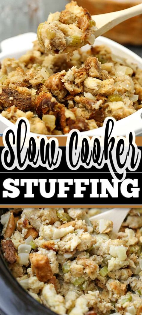 This Slow Cooker Stuffing recipe takes my Mom's favourite classic stuffing recipe into an easy holiday meal side dish that frees up oven space. #slowcookerstuffing #stuffingrecipe #stuffingrecipeeasy #easystuffing Turkey Stuffing Recipes Crockpot, Crock Pot Stuffing Recipes, Crockpot Stuffing Recipes Thanksgiving, Stuffing In Slow Cooker, Crockpot Stuffing Recipes, Slow Cooker Stuffing Thanksgiving, Stuffing Slow Cooker, Slow Cooker Side Dishes, Slow Cooker Stuffing