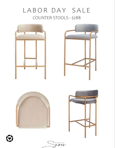 Cool Counter Stools, Gold Kitchen Stools, Neutral Counter Stools, Brass Counter Stool, Modern Barstools In Kitchen, Glam Kitchen Ideas, Gold Counter Stools, Grey Counter Stools, Counter Stools Kitchen Island