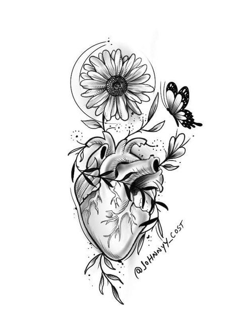 Half Heart Half Brain Tattoo With Flowers, Heart And Flowers Drawings, Half Sleeve Tattoos Upper Arm, Heart With Flowers Drawing, Heart Flowers Tattoo, Anatomical Heart Tattoo With Flowers, Heart And Flower Tattoo, Heart Tattoo With Flowers, Heart With Flowers Tattoo