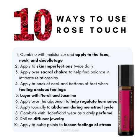 10 ways to use doterra Rose Touch essential oil rollerbottle! Using the powerful benefits of Rose essential oil in a convenient roll-on, doTERRA Rose Touch can be applied throughout the day to uplift your mood or as a part of your skin care routine to promote a healthy complexion. #doterra #essentialoils Doterra Rose, Lavender 15, Regulate Hormones, Roller Blends, Siberian Fir, Essential Oil Diffuser Blends Recipes, How To Regulate Hormones, Hormone Support, Essential Oils Health