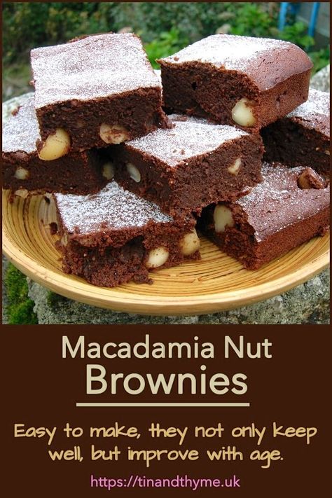 Macadamia Nut Brownies. Easy to make, dark and delicious. They’re not overly sweet and the macadamias give a lovely crunch. If you can stop yourself from eating them straight away, they not only keep well, but improve with age. #TinandThyme #ChocolateBrownies #MacadamiaNuts #MacadamiaNutRecipe #ChocolateRecipes Nut Brownies, Macadamia Nut Recipes, Mouthwatering Desserts, Raw Brownies, New Year's Desserts, Fantastic Recipes, Dessert Bar Recipe, Delicious Brownies, Sale Ideas