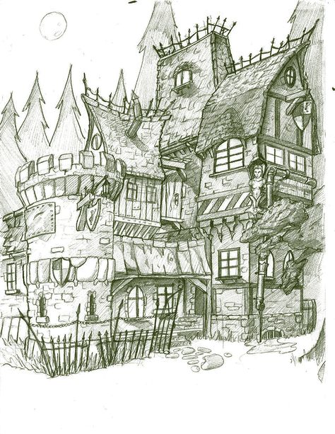 An Imperial tavern. I like the squiggliness of it. Tavern Art, Medieval Tavern, Warhammer Fantasy Roleplay, Building Concept, Wise Man, Adult Colouring, Cool Sketches, Warhammer Fantasy, Fantasy Inspiration