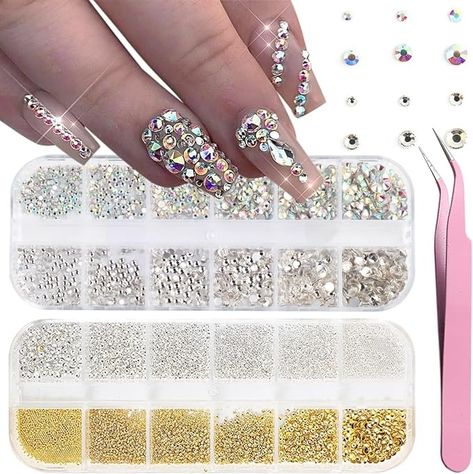 Amazon.com: Nail Rhinestones Kit with Tweezers, 1440pcs AB Color Flat Back Nail Gemstones White Crystal Diamond for Acrylic Nail 3D Gold Silver Caviar Beads Metal Nail Charms Eyes Face Makeup Rhinestones : Beauty & Personal Care Makeup Rhinestones, Nail Stones, Nail Rhinestones, Pedicure Nail Art, Crystal Diamond, 3d Nail, Nail Charms, Pedicure Nails, Nail Art Tools