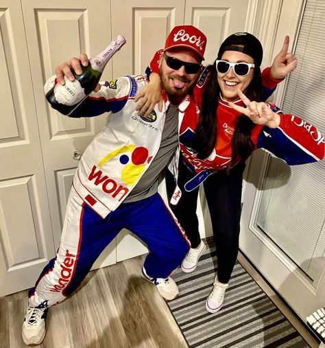 Cal And Ricky Bobby Costume, Ricky Bobby And Cal Couple Costume, Ricky Bobby And Cal Naughton Jr Costume, Sports Themed Costumes, Creative Halloween Couple Costumes, Funny Movie Couples Costumes, Diy Ricky Bobby Costume, Ricky Bobby Couple Costume, Talladega Nights Costume Couple