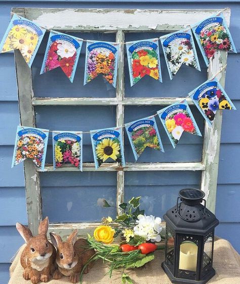 Seed packet banner from My Purposeful Place Seed Packet Decor, Seed Packet Garland, Garden Retirement Party Ideas, Seed Packet Art, Seed Display, Greenhouse Decor, Gardening Party, Flower Seeds Packets, We Have A Winner