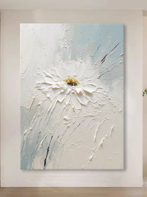 Painting With Texture On Canvas, Texture Art Flowers, Texture Art Painting, Daisy Art Painting, Paintings Large Canvas, Textured Paintings On Canvas, Texture Art On Canvas, Flower Painting Oil, White Flower Painting