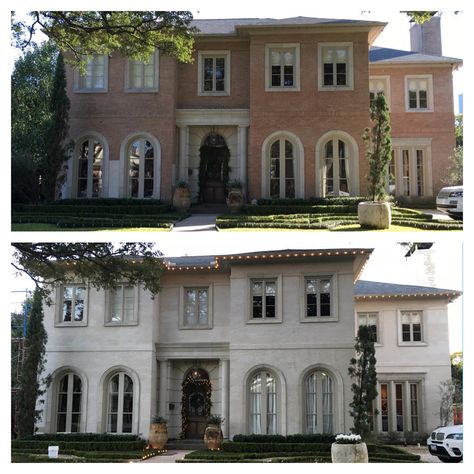 Before and After pictures of this house where we did a plaster slurry on the exterior brick!! What do you think of this transformation??… Beige Limewash Brick Exterior, Stucco Over Brick, Segreto Finishes, Brick House Exterior Makeover, Paint Brick, German Schmear, Painted Brick Exteriors, Brick Homes, Brick Houses