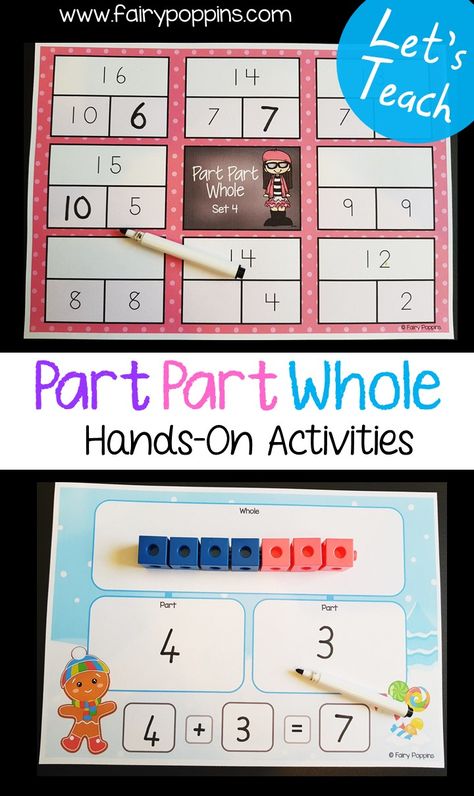 These hands-on activities help kids learn about decomposing numbers, the part part whole concept and fact families. They're great for kids in kindergarten, first grade and second grade. #partpartwhole #decomposingnumbers #firstgrademath #secondgrademath #factfamilies #fairypoppins #fairypoppinsteachingresources Part Whole Activities, Fact Family Activities, Fact Families Activities, Fairy Poppins, Part Part Whole, Prek Crafts, Decomposing Numbers, Number Bonds, Fun Math Activities