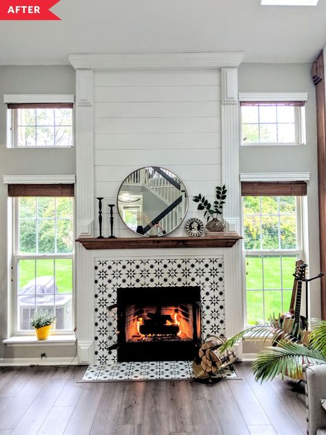 Stenciled Fireplace Redo | Apartment Therapy Mirrored Walls, Fireplace Redo, Fireplace Update, Living Room Transformation, Shiplap Fireplace, Farmhouse Fireplace, Fireplace Remodel, Showroom Design, Home Fireplace