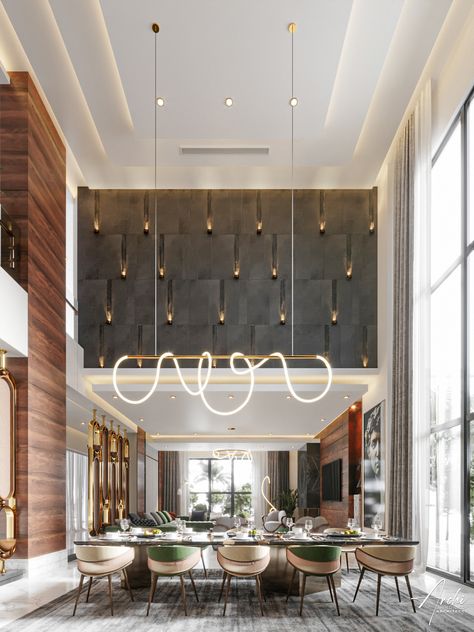 Luxurious Dining And Living Hall on Behance Luxurious Penthouse Interior, Office Lounge Design, Luxury Restaurant Interior, Hotel Ceiling, Double Height Living Room, Luxury Villa Design, Dining Interior, Interior Ceiling Design, Living Hall