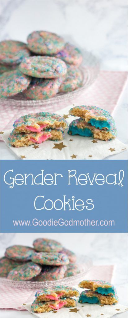 Go beyond cake with your gender reveal ideas! Gender reveal cookies are a unique way to share your baby's gender with a group, or with family and friends far away - they ship! * Recipe and Video Tutorial on GoodieGodmother.com Gender Reveal Stuffed Cookies, Food For Gender Reveal Party Appetizers, Gender Reveal Brownies, Gender Reveal Treats, Reveal Ideas Gender, Gender Reveal Dessert, Gender Reveal Food, Cookies Stuffed, Themed Recipes