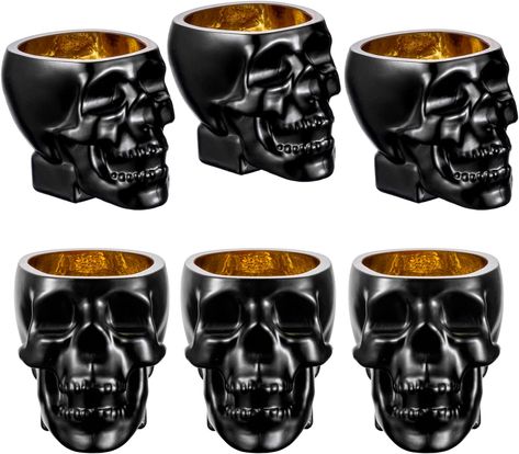 Set of 6 matte black skull shaped shot glasses with gold tone interior. Punk Birthday, Skull Shot Glass, Wheat Grass Shots, Plating Design, Skeleton Face, Gothic Chic, Shot Glass Set, Kitchen Things, Gold Skull