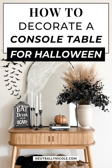 spooky chic halloween console table decor ideas Halloween Console Table, Console Table Boho, Fall Entryway Table Decor, Halloween Entry Table, Chic Entryway, Spring Front Porch Decor, Console Table Decor, Halloween Entryway, Patio Table Decor