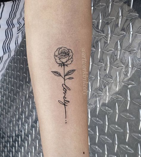 Name In Rose Stem Tattoo, Rose And Writing Tattoo, Name Tattoo Forearm Woman, Rose Into Name Tattoo, Self Love Rose Tattoo, Rose Tattoo With Meaning, Rose With Names Tattoo, Name In A Rose Tattoo, Small Rose Tattoo With Name