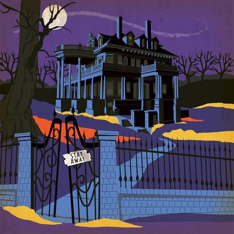 DESIGN & ILLUSTRATION PORTFOLIO — Steven Duncan's Lake House Studio Riley Blake Fabric, Flying Witch, Grey Panels, Halloween Haunted Houses, Halloween Fabric, Arte Inspo, Cartoon Background, Animation Background, Cotton Quilting Fabric