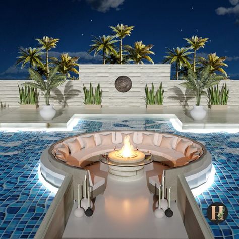 A sunken seating area in a luxurious tropical pool with a with fire pit perfect for a incredible night. Sunken Seating Area, Turks And Caicos Villas, Sunken Seating, Pool Seating, Square Pool, Inside Pool, Swimming Pool Landscaping, Backyard Seating, Tropical Pool