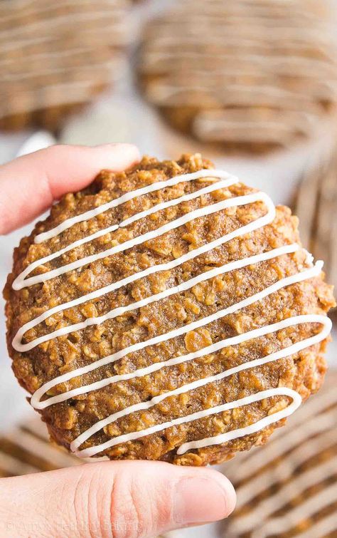 Healthy Iced Gingerbread Oatmeal Cookies | Amy's Healthy Baking Low Calorie Christmas Cookies, Gingerbread Oatmeal Cookies, Monkey Munch, Holiday Baking Recipes Christmas, Gingerbread Oatmeal, Gluten Free Gingerbread Cookies, Iced Gingerbread, Christmas Cookies Recipes, Soft Gingerbread Cookies