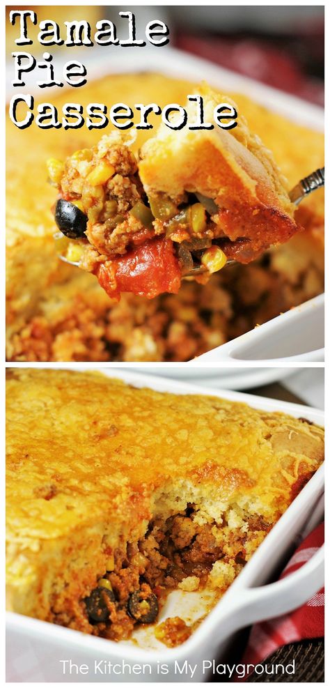 Tamale Pie Casserole ~ Spicy ground beef or ground turkey & vegetable filling, topped with a thick-and-delicious layer of golden cornbread. Such a delicious dinner dish that's perfect for your Cinco de Mayo celebration, or everyday dinner!  www.thekitchenismyplayground.com Cornbread Tamale Pie, Tamale Pie Casserole, Family Favorite Casseroles, Tamale Pie Recipe, Cinco De Mayo Celebration, Mexican Cornbread, Tamale Pie, Beef Casserole, Mexican Food Recipes Authentic